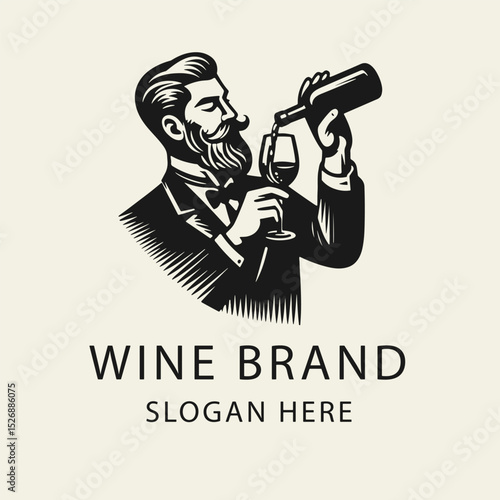 Black and white flat vector illustration of a sommelier pouring wine from a bottle into a glass. Elegant logo design for wine bars, wineries, restaurants, or beverage branding.