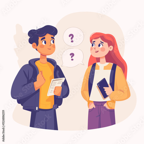Dialogue Dilemma: Two individuals in a vibrant illustration are deeply engrossed in conversation. Their exchange, represented by speech bubbles, signifies communication and contemplation. 
