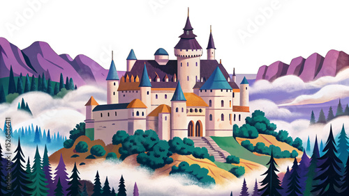 Vector illustration of a medieval castle surrounded by misty forest ideal for fantasy storytelling, historic landscapes, and atmospheric magical scene design
