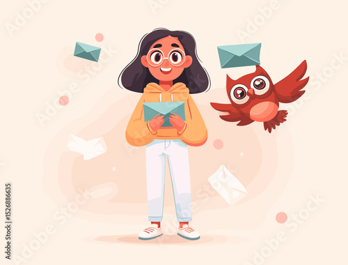 Mail Carrier: A cheerful girl in an orange hoodie stands, surrounded by flying envelopes and a wise owl, embodying the joy of communication and the arrival of messages.