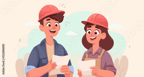 Construction discussion: Two construction workers, a man and a woman, engaged in an animated discussion, likely about blueprints or project plans. Dressed in work attire and safety helmets.