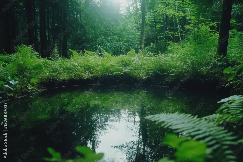 Obraz premium Serene small pond nestled in a lush green forest with vibrant foliage and calm waters, Small pond in beautiful green forest steady cam forward