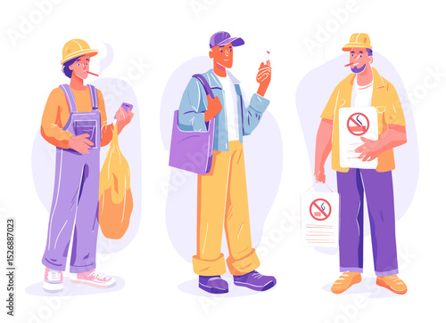Smoking Ban Debate: Illustrative scene depicting three individuals confronting the issue of cigarette restrictions. Focus on a construction worker, office worker and other man.