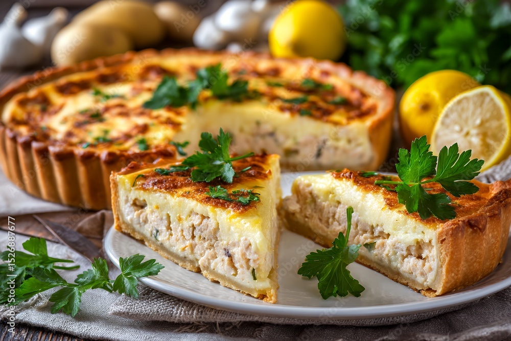 Delicious chicken and cheese quiche with fresh herbs and lemons