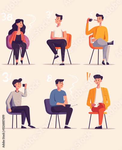 Social Gathering with coffee: A diverse group of individuals finds moments of shared connection while sitting on chairs with coffee cup, creating a sense of warmth and relaxed.