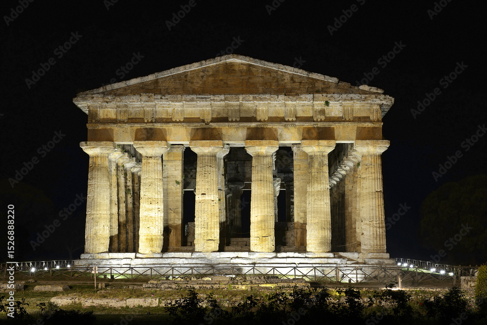 Obraz premium Second Temple of Hera in Paestum, Greek temple of Magna Graecia, the ruins of the ancient city of Paestum. UNESCO World Heritage Site, municipality of Capaccio, province of Salerno, Italy
