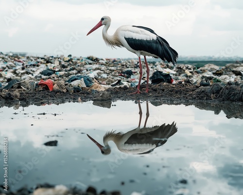 Stork standing near a reflective puddle in a waste-filled environment
