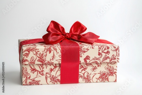 Beautifully wrapped gift box with red ribbon on elegant white background