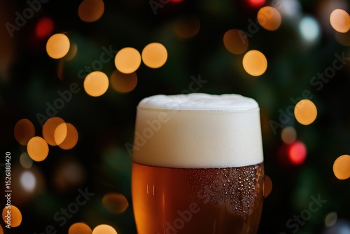 Festive beer glass with foam in front of colorful holiday lights at a cozy gathering