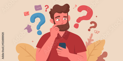 Man Contemplating Questions: A thoughtful man with a beard holds a smartphone, surrounded by question marks symbolizing decision-making, problem-solving, or uncertainty.
