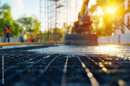 Construction site in the early morning with machinery and workers preparing for concrete pouring