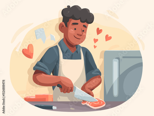 Culinary Craftsmanship: A man, adorned in an apron, meticulously prepares food, his work enhanced by loving touches, with a serene backdrop and an air of focused passion.