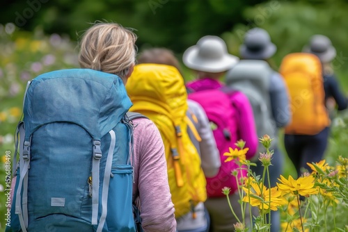 Group of hikers exploring a wildflower meadow on a sunny day in the mountains