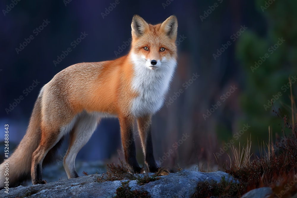 Fototapeta premium Majestic red fox standing on rocky terrain in forest at dusk