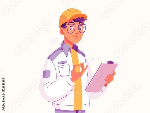 Construction Inspection: A construction worker in a hard hat, holding a clipboard, gives a gesture with confidence, signaling 