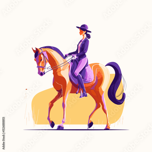 Equine Elegance: A woman gracefully rides a magnificent horse. Capturing the art of horsemanship, this illustration exudes a sense of freedom.