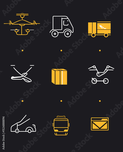 Logistics and Delivery Icons: A set of nine minimalist line icons representing various modes of transportation and logistics processes, including drones, delivery trucks, and package handling.