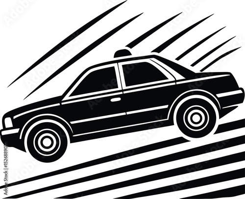 Black and White Police Car Racing Down Road with Speed Motion Lines
