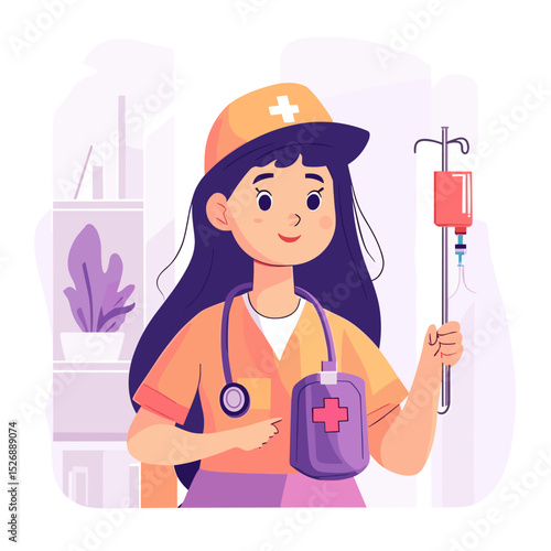 Caring Nurse with Medical Supplies: A compassionate nurse, exuding professionalism, stands confidently while holding an IV drip bag, symbolizing care and dedication.
