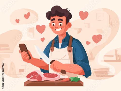 Culinary Passion: A chef with heart-shaped speech bubbles looks with adoration at food and cooking using phone, embodying passion for preparing a delectable dish.