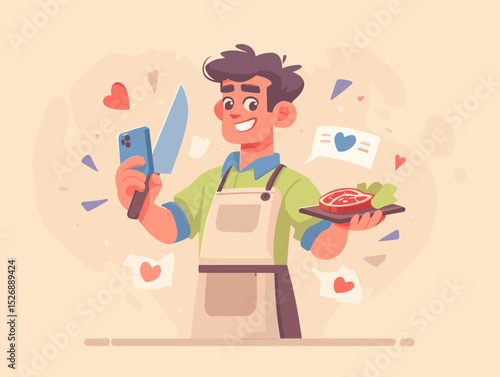 Chef's Culinary Creation: A cheerful chef is preparing a food by making vlog in digital world of a steak, combining cooking and modern technology to showcase his culinary skills.