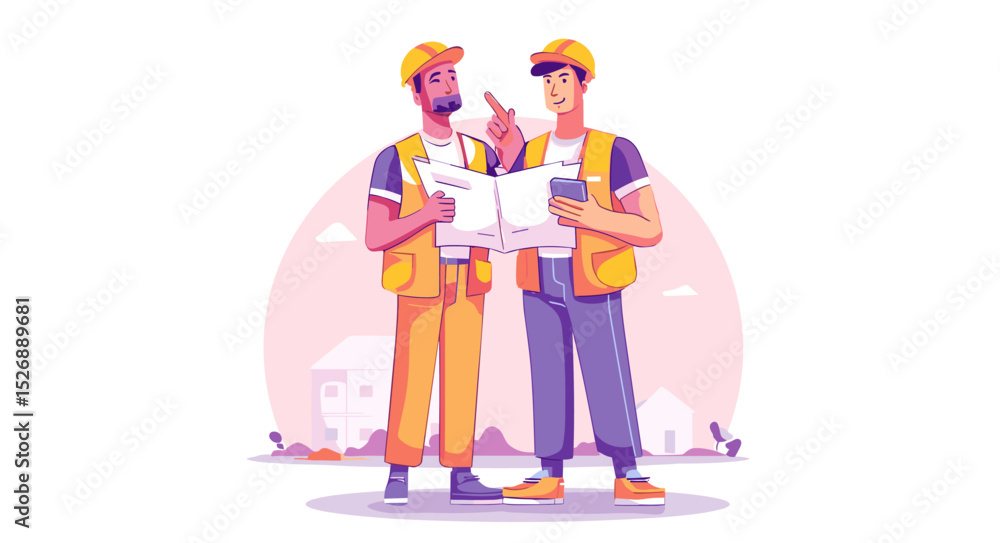 Fototapeta premium Construction Plan Discussion: Two construction worker reviewing blueprint on construction site to improve quality of building