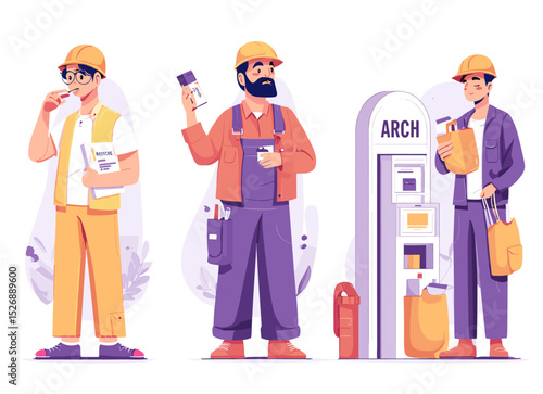 Construction Workers: A compilation of construction workers with their tools, showcases various tasks and tools of construction.