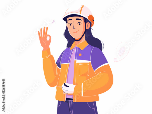 Engineer gesture: A confident engineer, adorned in protective gear, performs a sign of perfect work, conveying expertise and assurance within a clean, bright workspace setting.