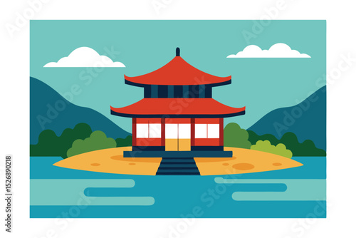 Traditional Tea House by the River Vector Illustration