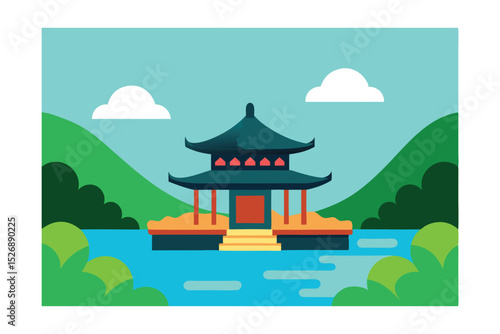 Traditional Tea House by the River Vector Illustration