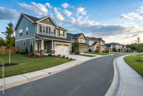Modern Suburban Neighborhood Street with New Family Houses