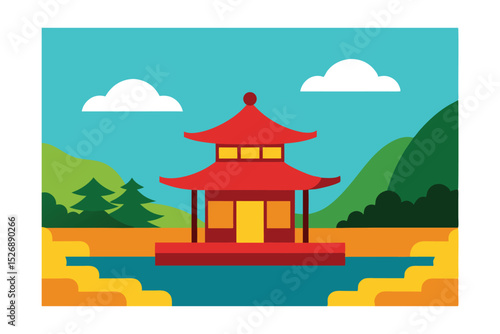 Traditional Tea House by the River Vector Illustration