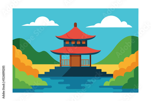 Traditional Tea House by the River Vector Illustration