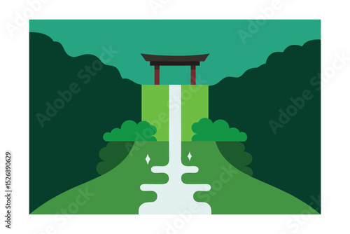 Waterfall Next to Mossy Path in Kyoto Vector Illustration