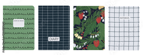 Set of cover page templates with hand drawn flowers, branches, leaves. Based on seamless patterns. Backgrounds for notebooks, notepads, diaries. Headers isolated and replaceable