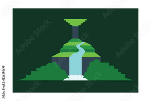 Waterfall Next to Mossy Path in Kyoto Vector Illustration
