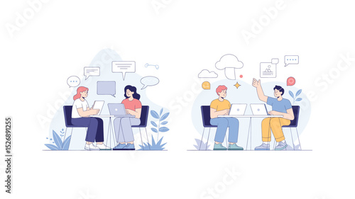 Teamwork collaboration flat illustration two groups of people working together on laptops