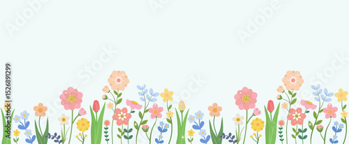 Horizontal seamless border with blooming flowers and dew drops.Vector illustration on white background. For backgrounds, textile, home decor, posters, social media. 