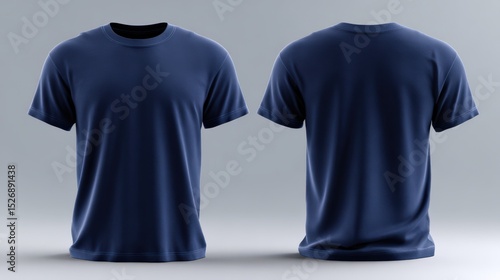 Two navy blue t-shirts shown from front and back view. Apparel, fashion, clothing, design, casual, style, garment, mockup