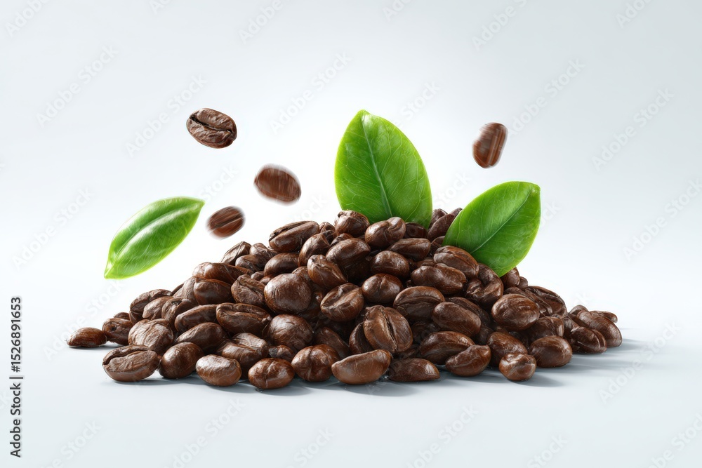 Obraz premium Coffee beans and fresh leaves are arranged in a pile. Aroma, caffeine, freshness, nature, invigorating, agriculture.
