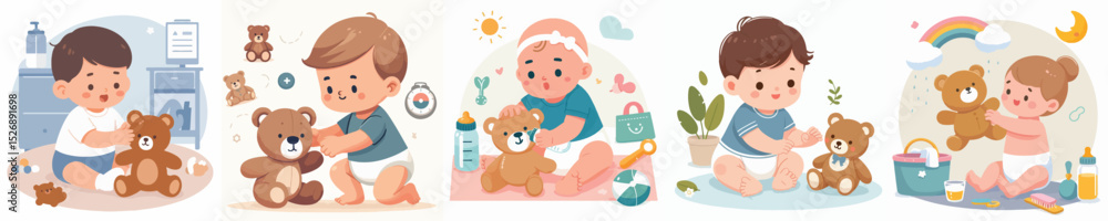 Vector of a baby playing with a bear doll Vector of a baby playing with a bear doll