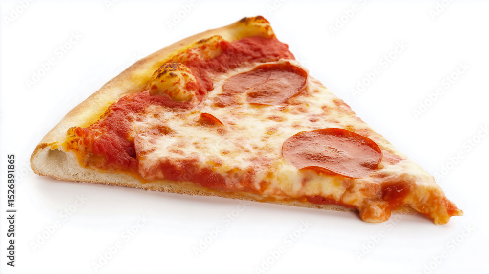Slice of pepperoni pizza with melted cheese on white background Slice of pepperoni pizza with melted cheese on white background