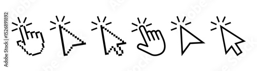 Pixel cursor or computer mouse pointer icons set. Pixel hand, pointer hand, arrow logo vector isolated icons set. 