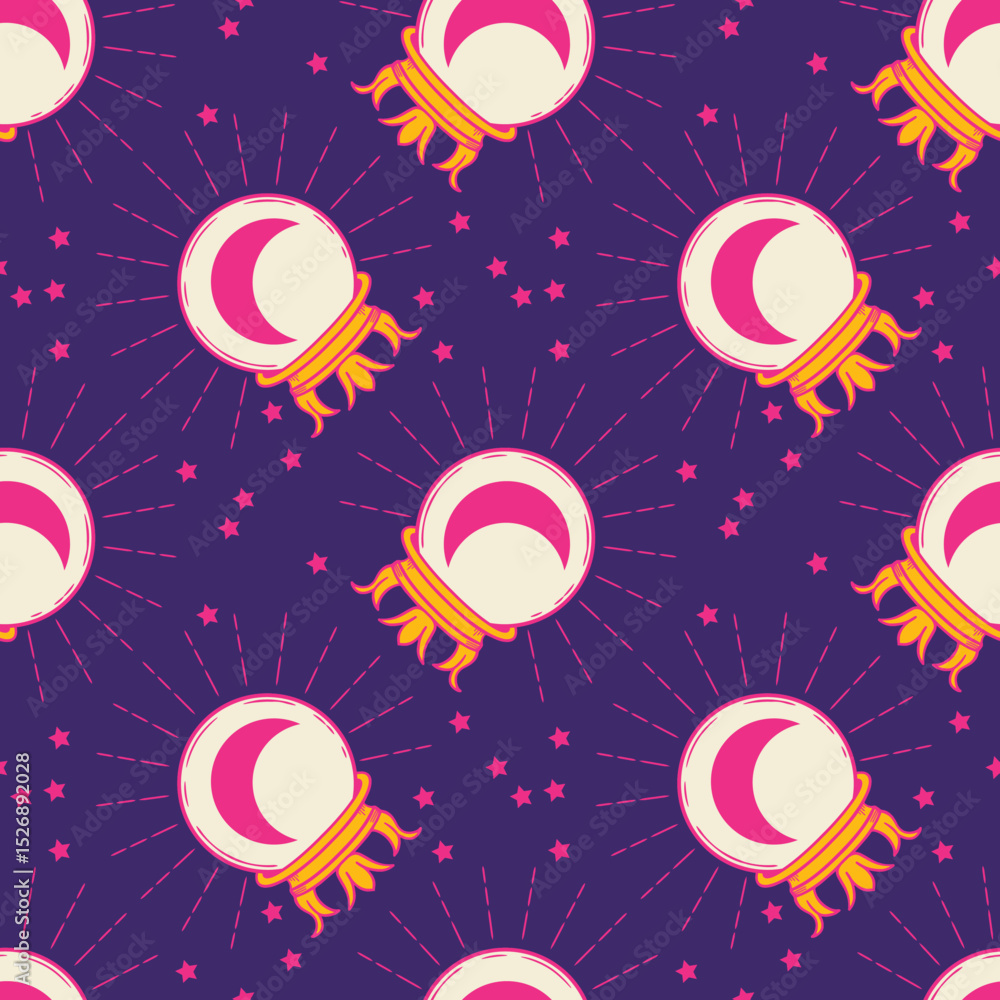 Fototapeta premium Crystal Ball and Moon Seamless Pattern – Mystical Vector with Stars