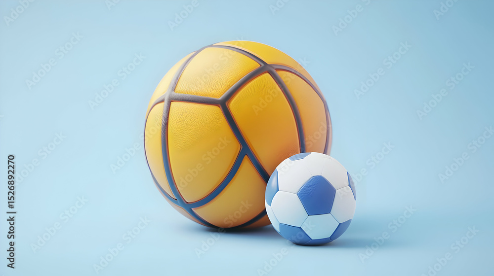 Yellow Basketball and Small Blue Soccer Ball on Light Blue Background Yellow Basketball and Small Blue Soccer Ball on Light Blue Background