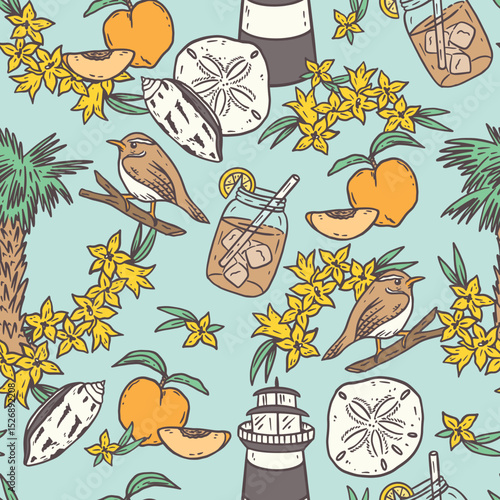 Southern Icons Seamless Pattern – Sweet Tea, Birds, and Coastal Florals