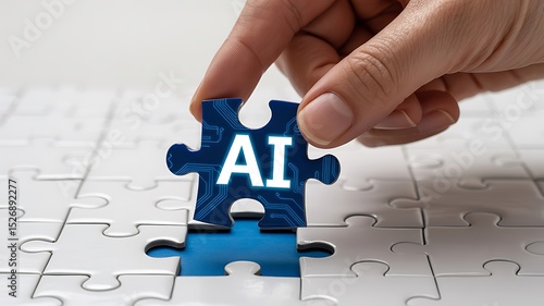 Hand placing ai puzzle piece into jigsaw puzzle with circuit board design on white background