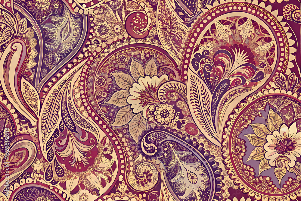 Intricate paisley pattern in rich burgundy and gold. Intricate paisley pattern in rich burgundy and gold.