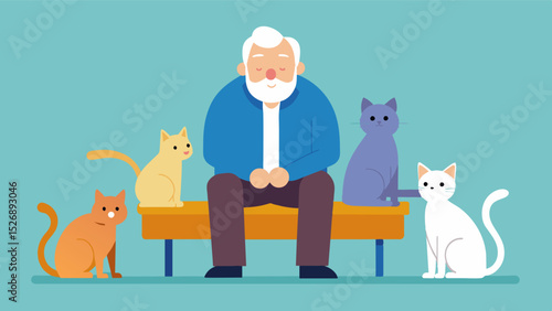 An elderly gentleman sitting on a bench surrounded by friendly cats eagerly vying for his attention and affection.. Vector illustration