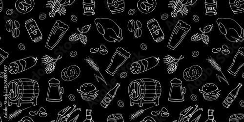 Seamless pattern with beer mugs and snacks, Single color hand drawn outline illustration.